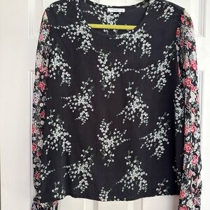 Equipment Femme Navy Flowered Print Silk Long Sleeve Shirt Blouse M Medium